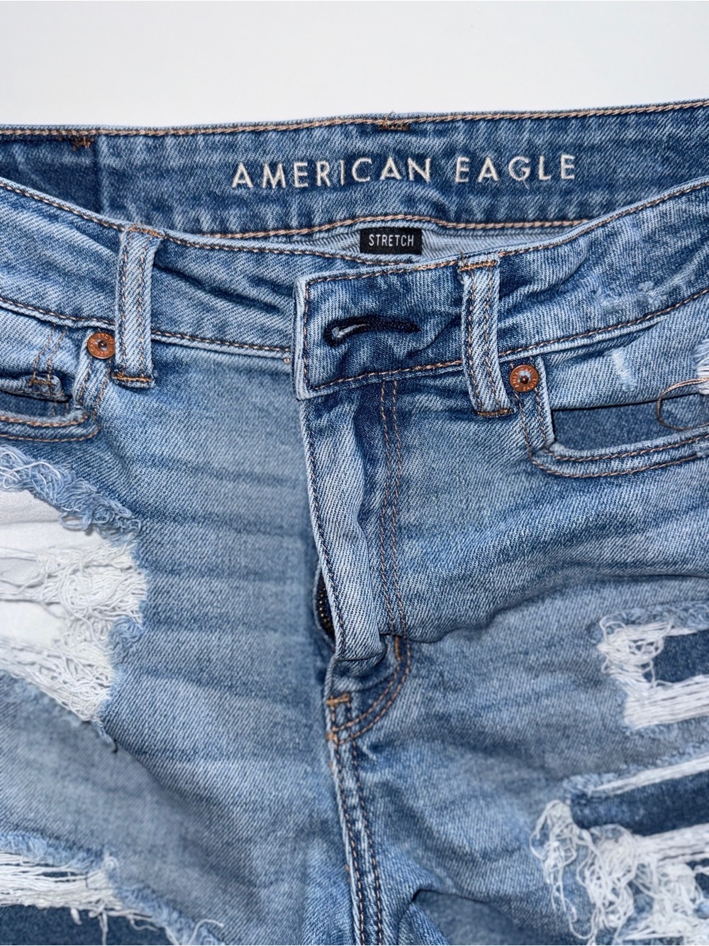 American Eagle Light Blue Denim Shorts with Brown Leather Patch SKU:001 - Picture 5 of 5